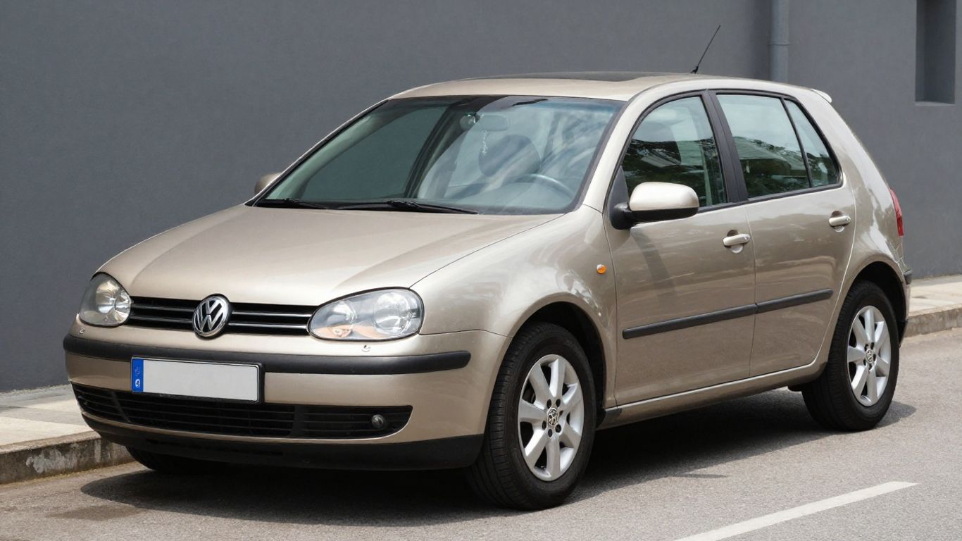 Gebrauchter VW Golf in neutraler Farbe, fotorealistisch.