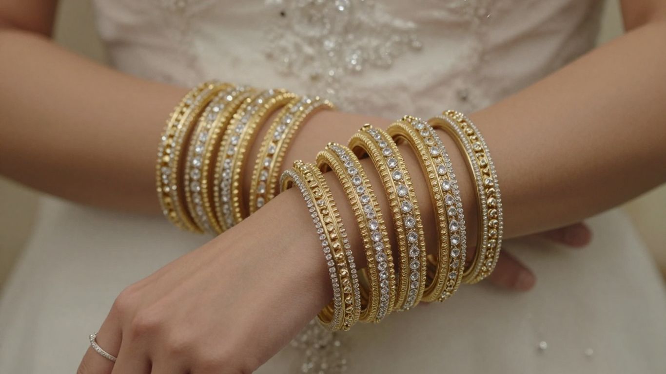 Bride's hands wearing elegant gold and diamond bangles.