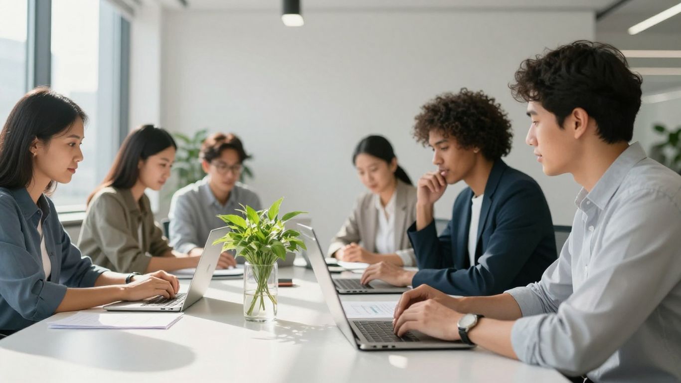 Business professionals collaborating in a bright, modern office.