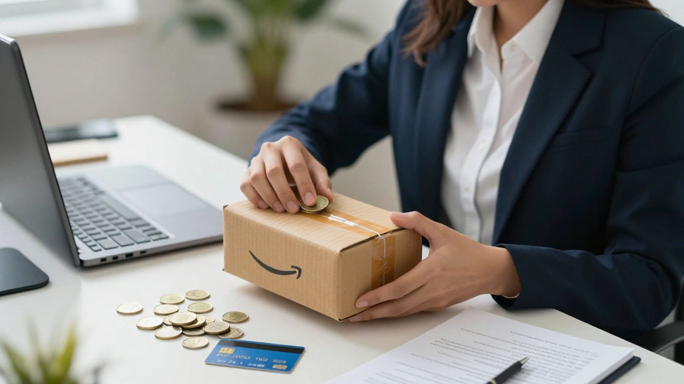 Businessperson inspecting Amazon package and money on desk