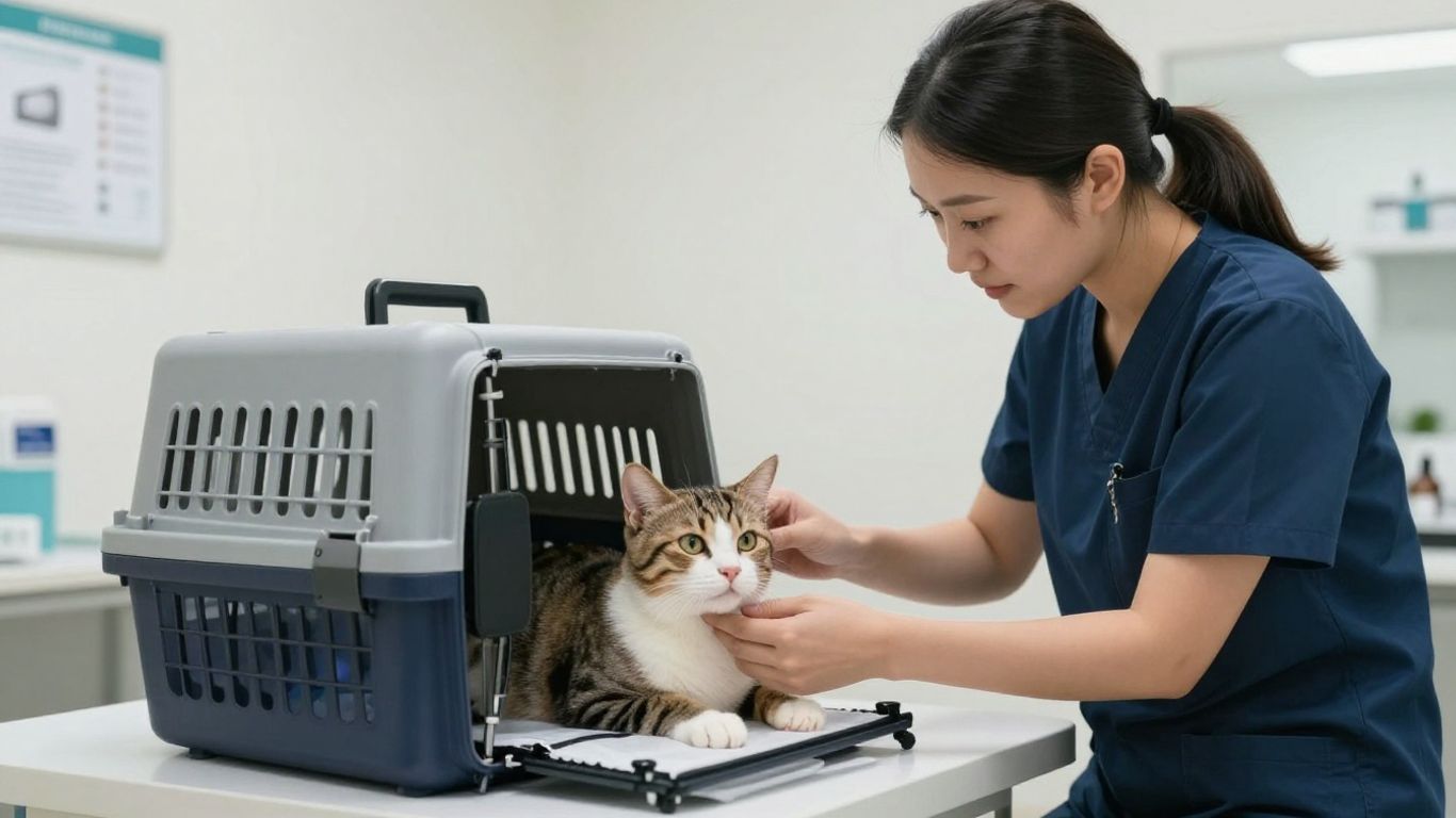 Veterinarian speaking with a cat owner beside carrier