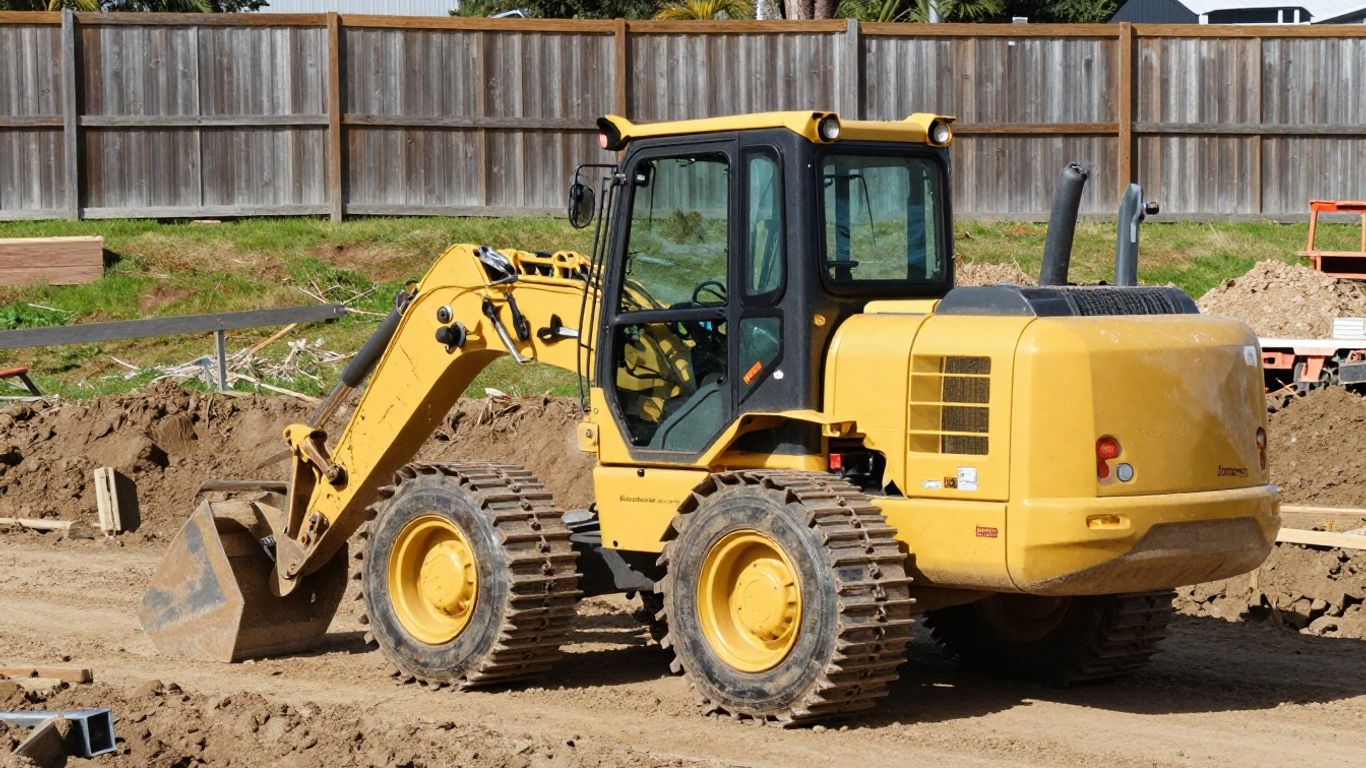 Yellow excavator working on residential site preparation