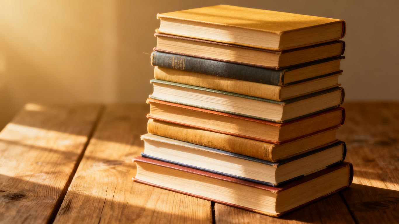 Stack of 12 books on a wooden surface with sunlight.