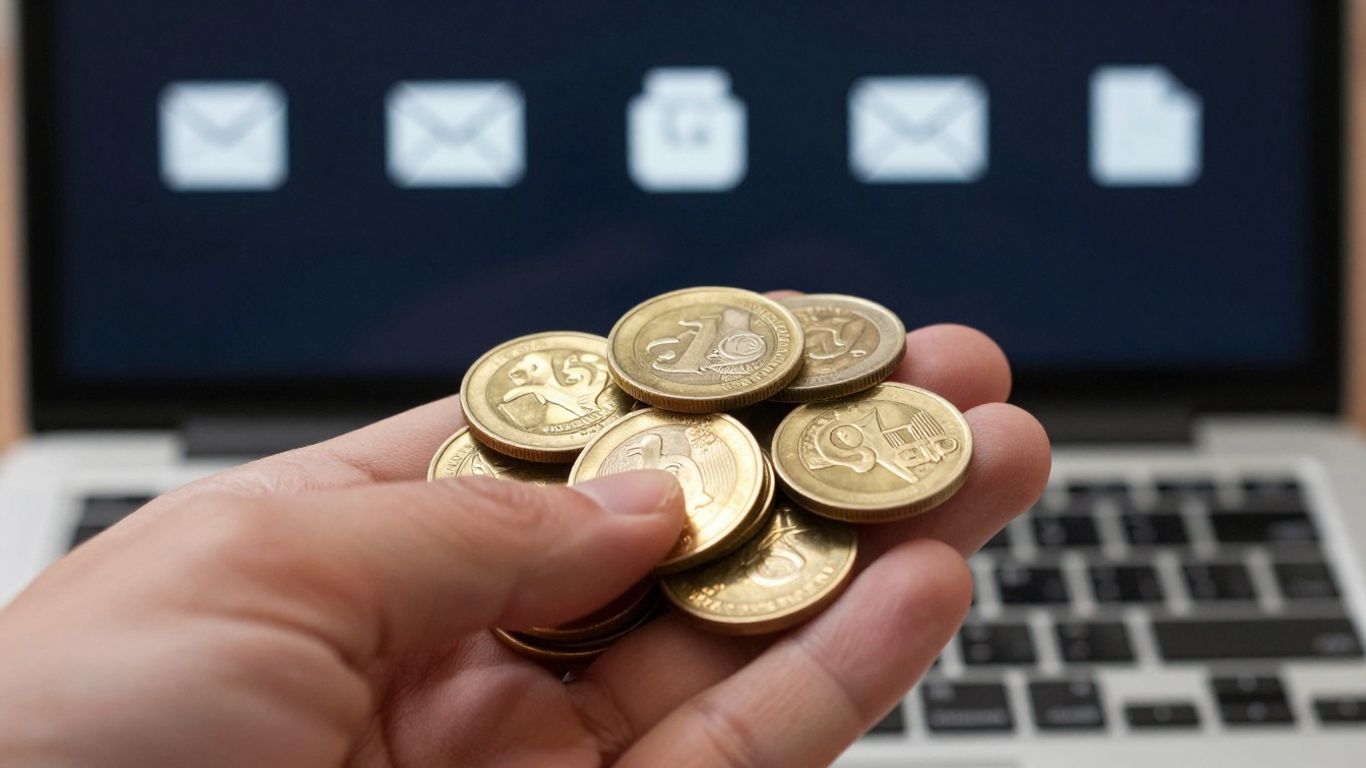 Coins and email icons on a laptop screen.