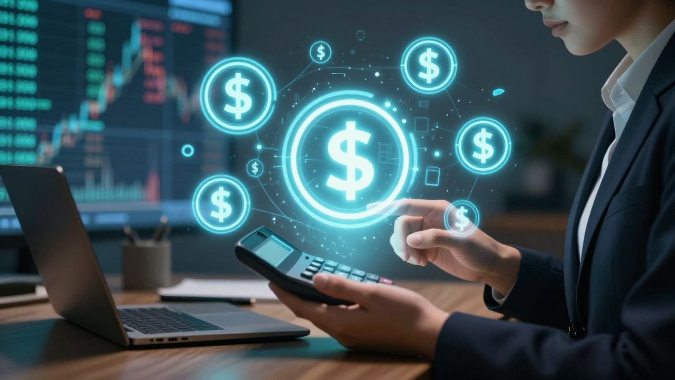 Digital currency icons and financial data streams.