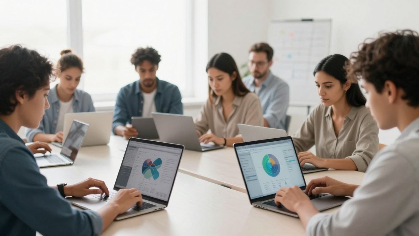 Diverse people learning on digital devices globally.