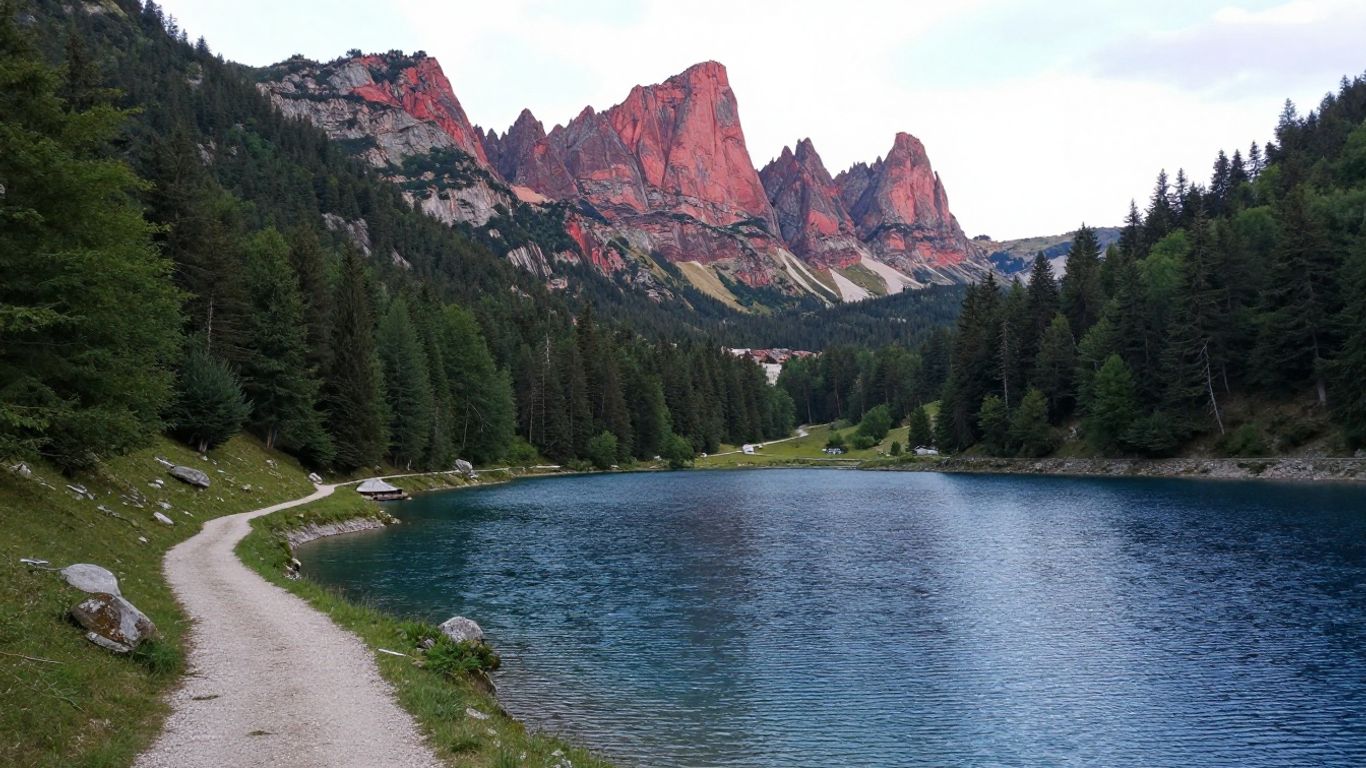 Pinnacoli di roccia rossa sopra il Lago di Fiastra