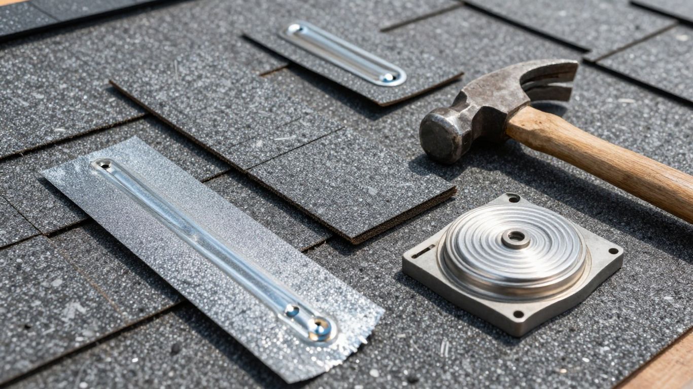 Roofing materials and tools for project guide.