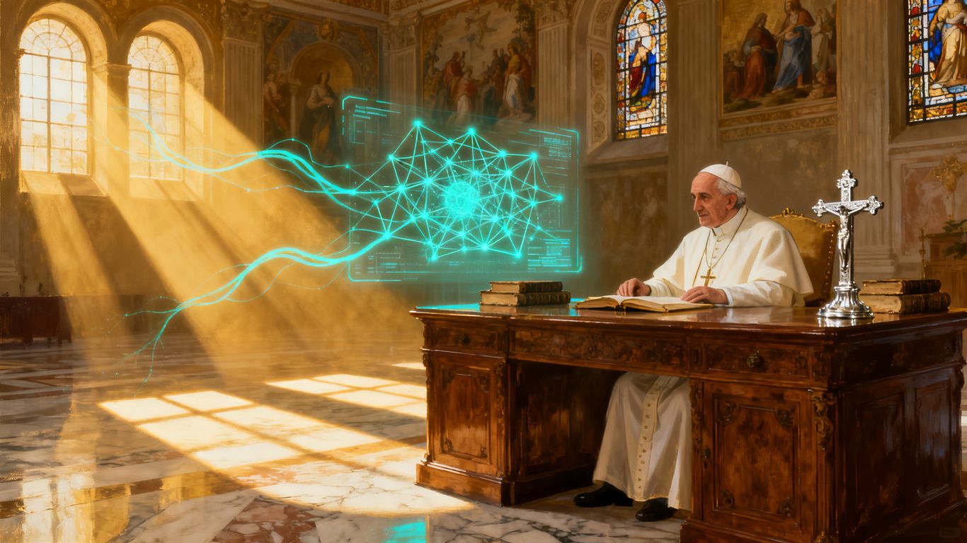 Pope Leo XIV with a holographic AI network.