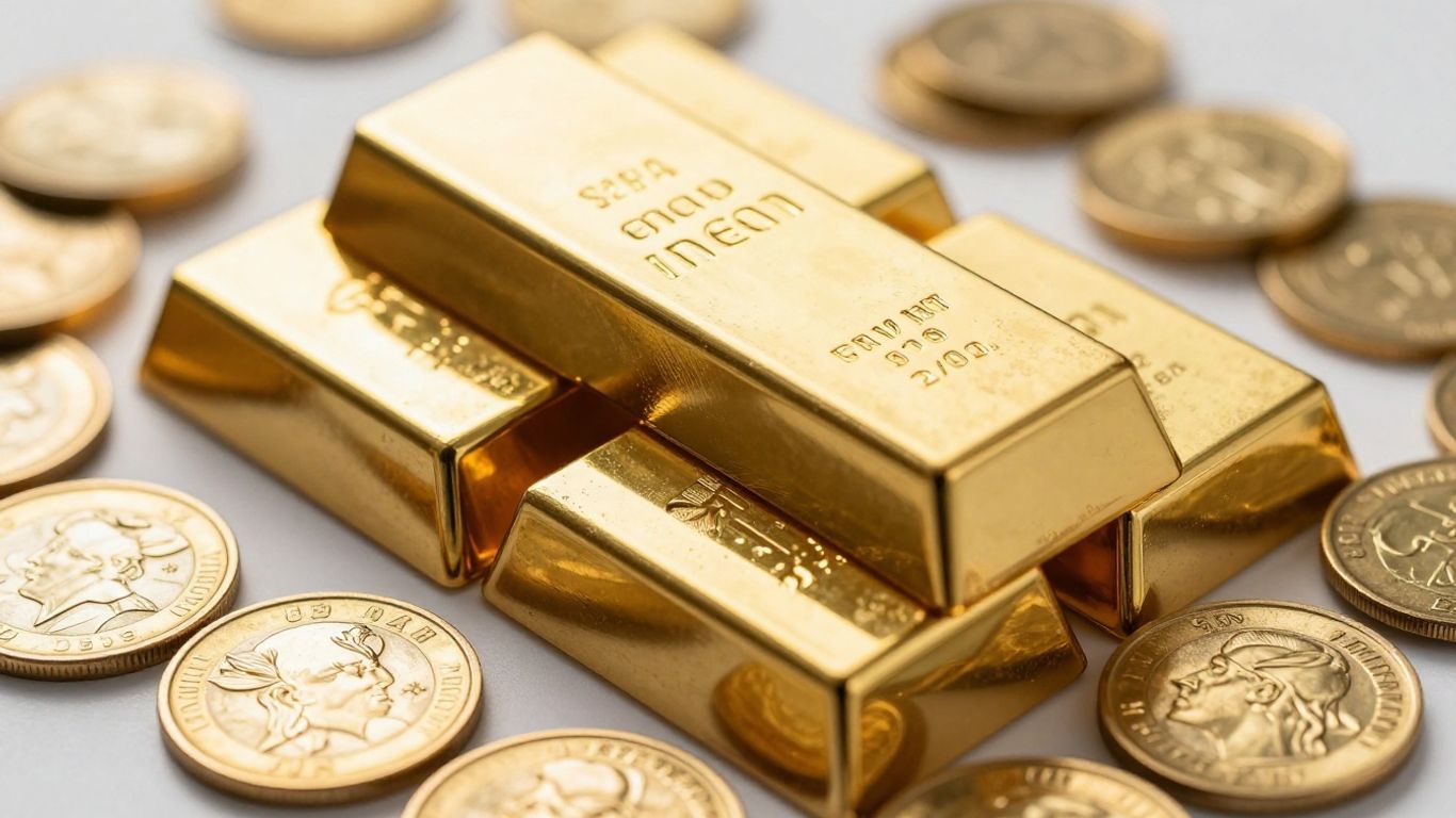 Barras de ouro e moedas de ouro