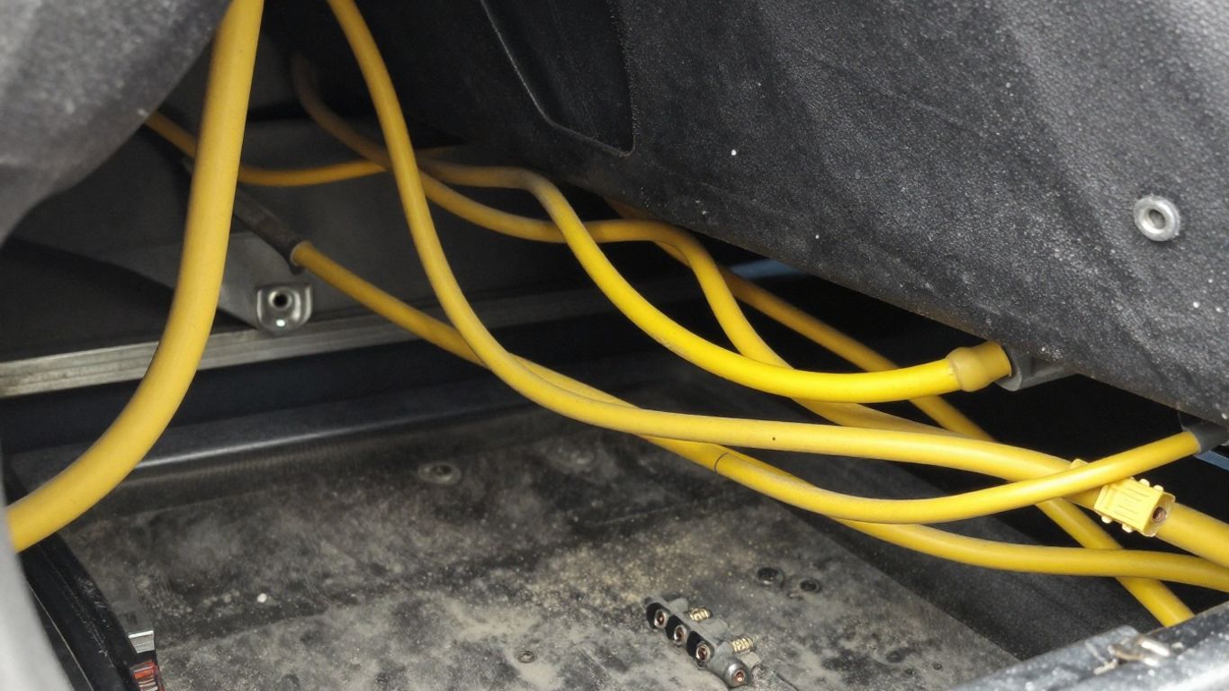 Close-up of the complex yellow wiring connector under the seat of a modern vehicle