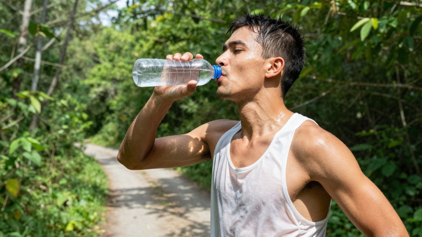 Runner drinking water on a trail.