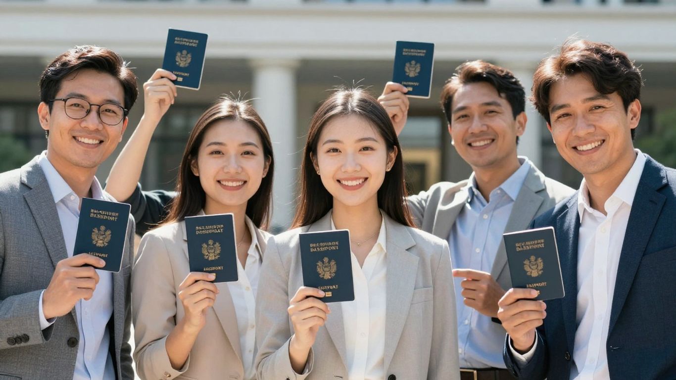 Personas sonriendo con pasaportes en mano.