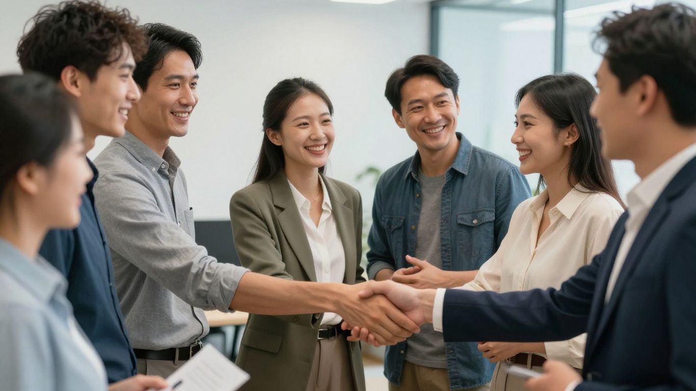 Personas sonriendo y estrechando manos en una reunión.