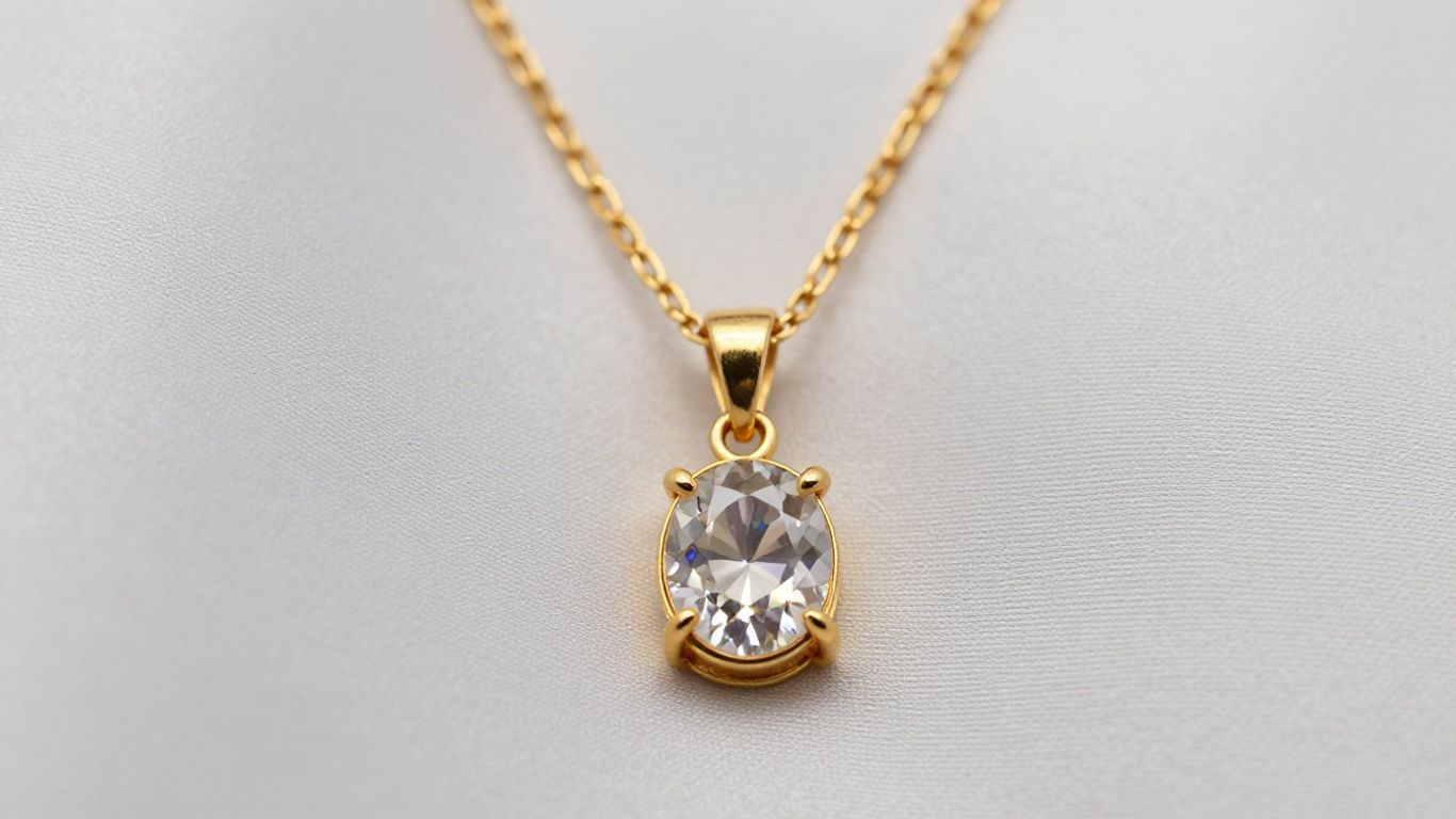 Elegant gold necklace set with sparkling gemstone pendant.