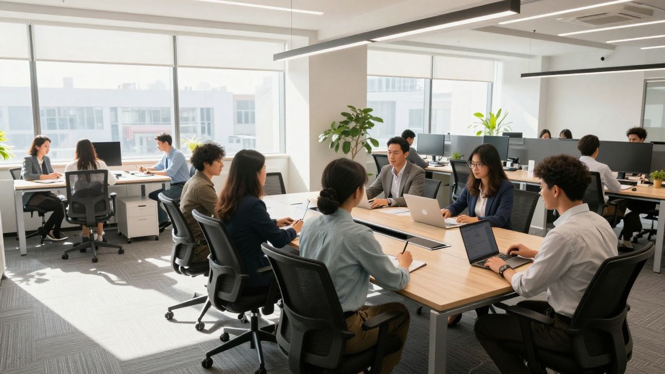 Professionals collaborating in a modern, sunlit office space.