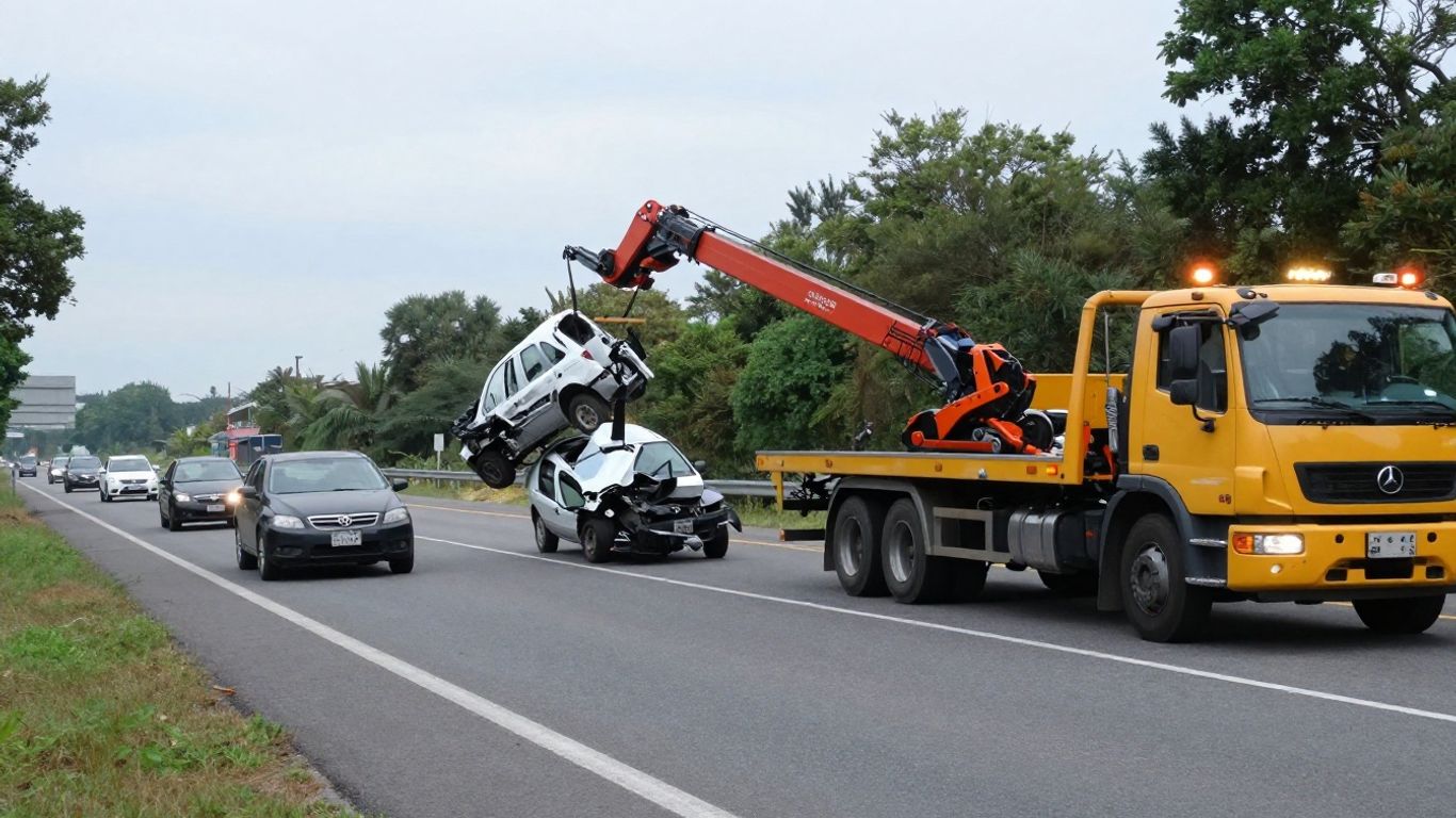 Tow trucks clearing a car accident on a highway.