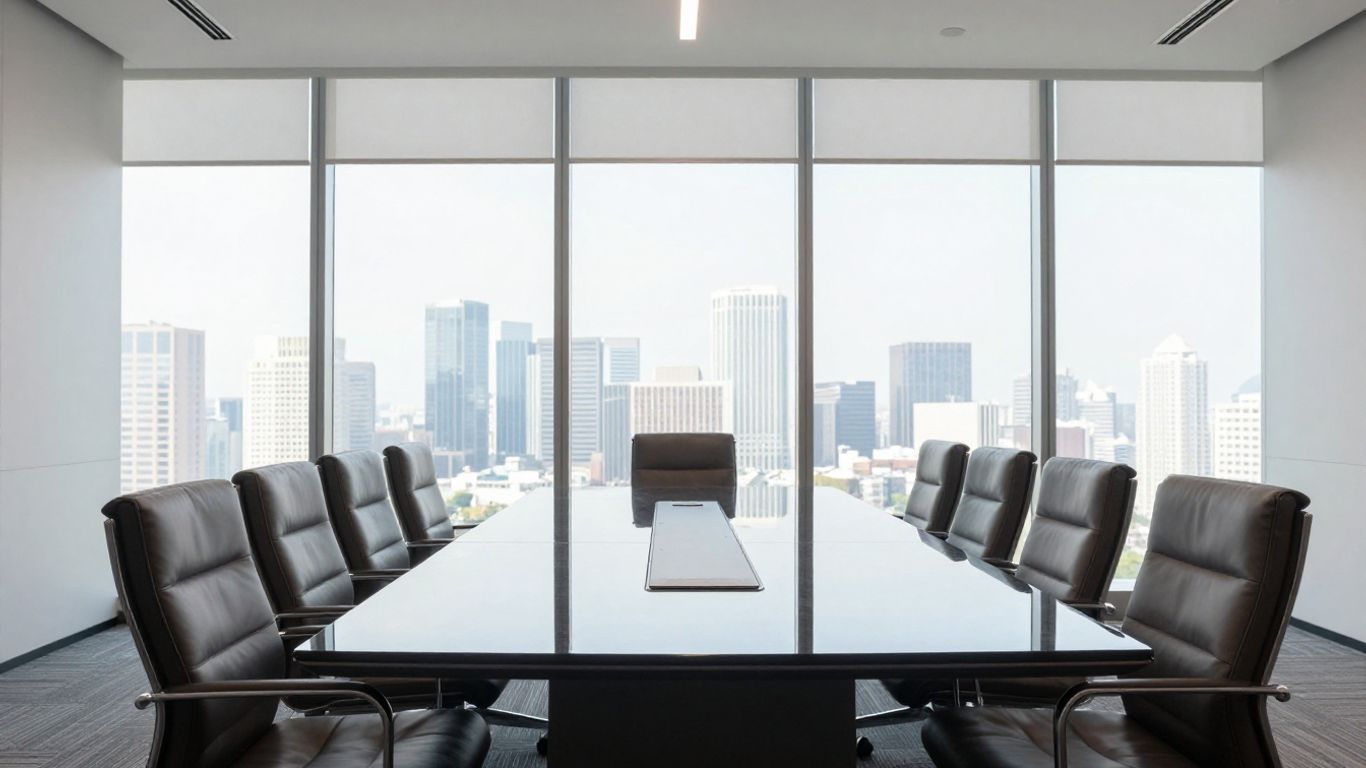 A professional boardroom with blurred urban skyline exterior