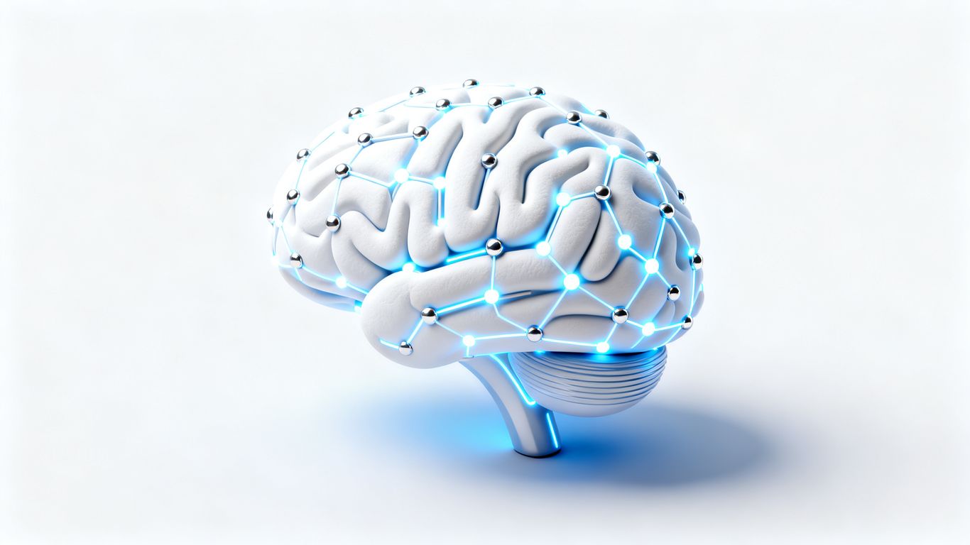 Abstract 3D brain illustration with digital nodes.