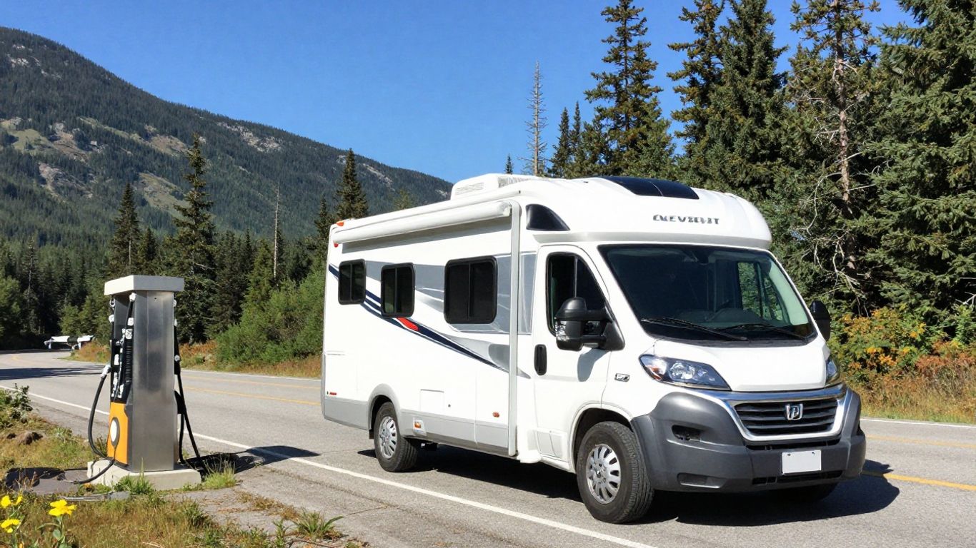 Motorhome refueling on highway in Canadian wilderness