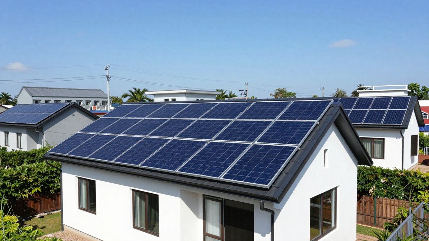 Roof with solar panels and power lines to businesses