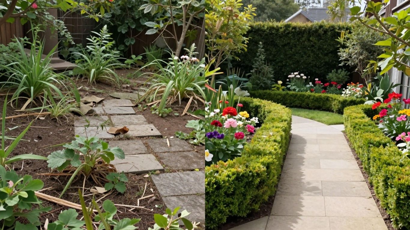 Messy yard vs. beautiful garden comparison.
