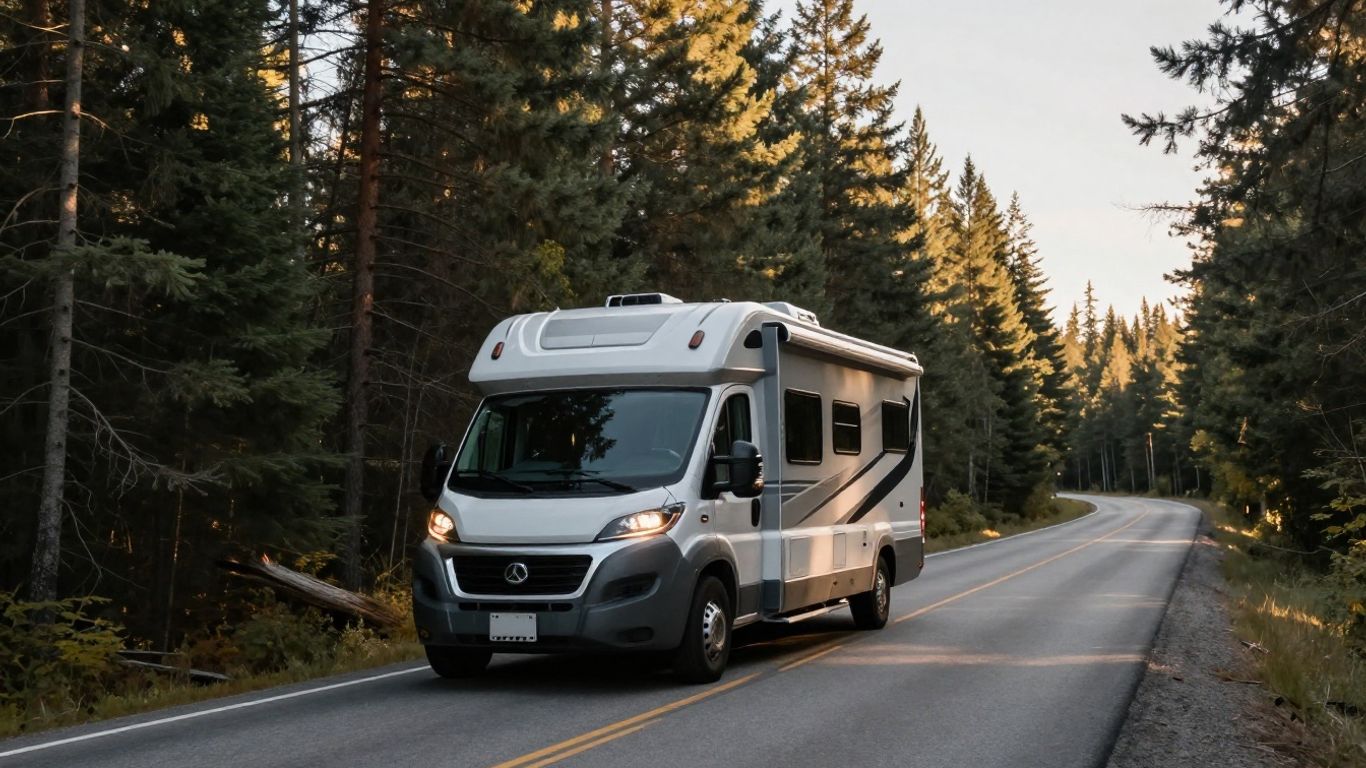 Motorhome driving on a scenic Canadian highway.