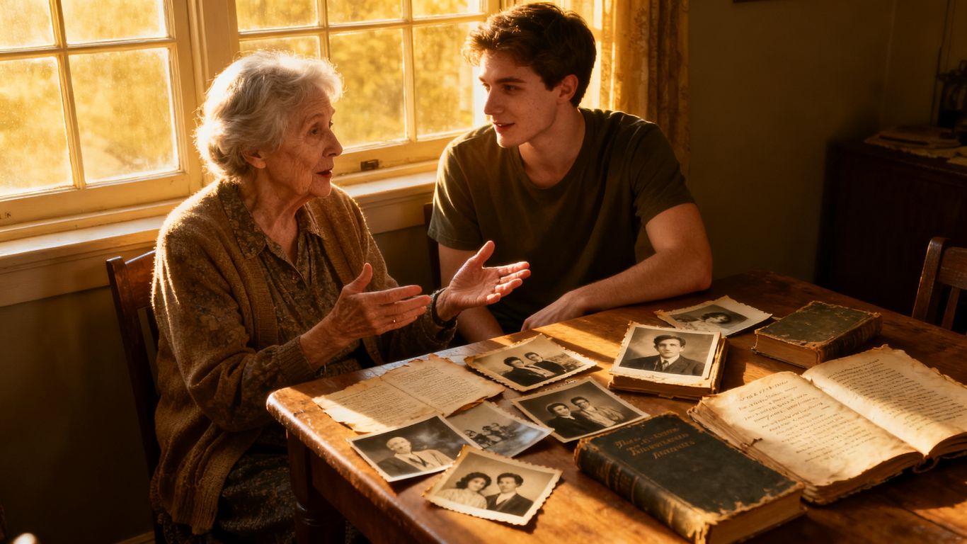 Grandmother and grandchild sharing stories with poetry books