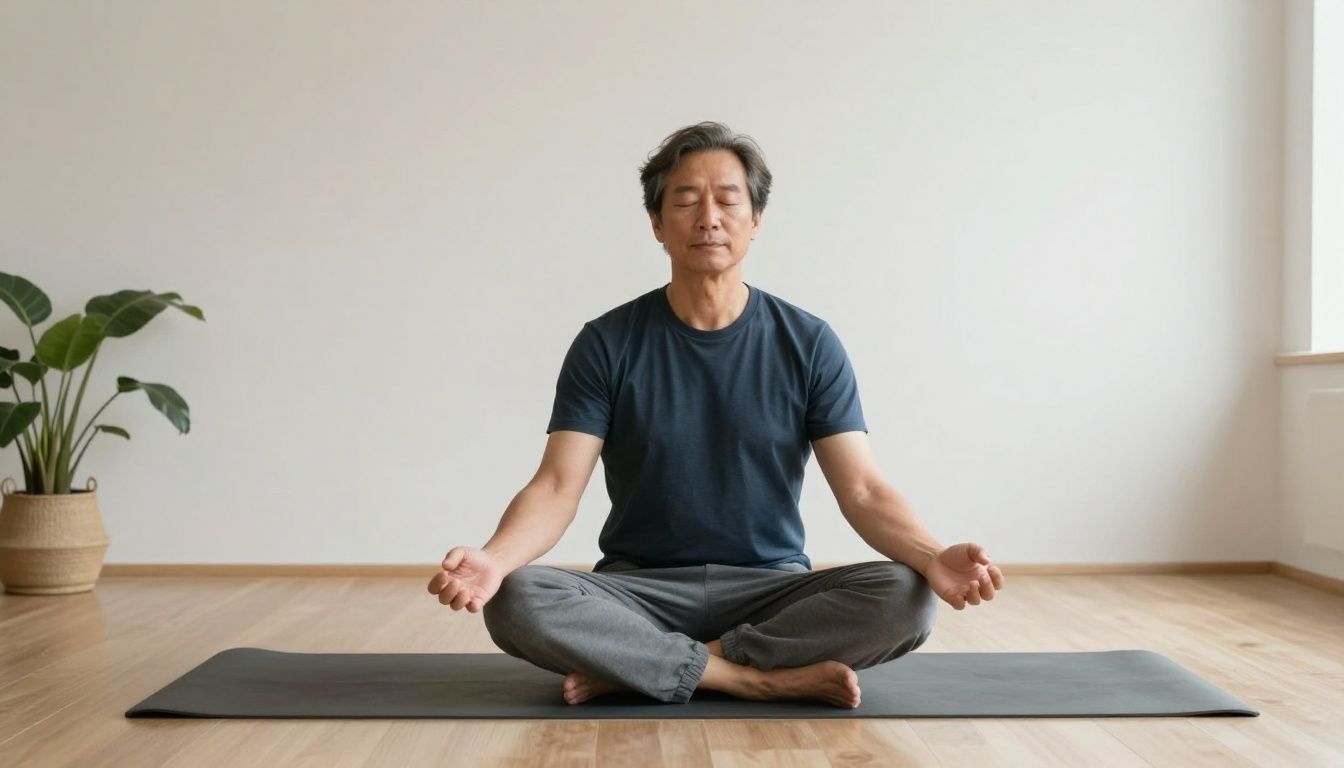 A man in his 40s sits peacefully on a yoga mat in a calm, minimalist living room at sunrise, stretching and focusing on his breathing, embodying mindful recovery.