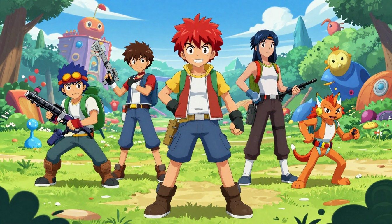Arte colorida de Squad Busters mostrando um esquadrão de personagens em uma arena cheia de recursos e inimigos