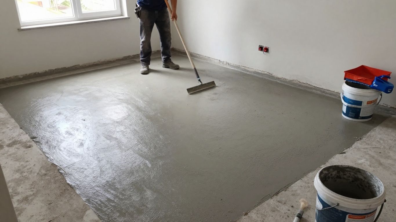Installer spreading compound across concrete floor