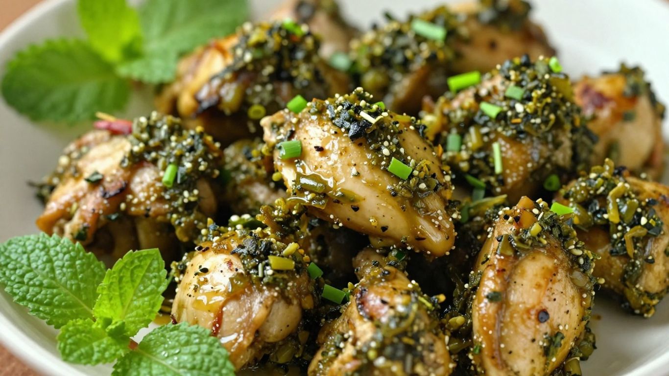 Green Hariyali chicken pieces with fresh herbs.