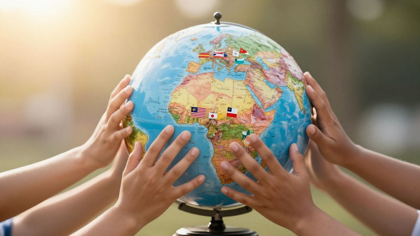 Global aid distribution with diverse flags and helping hands.