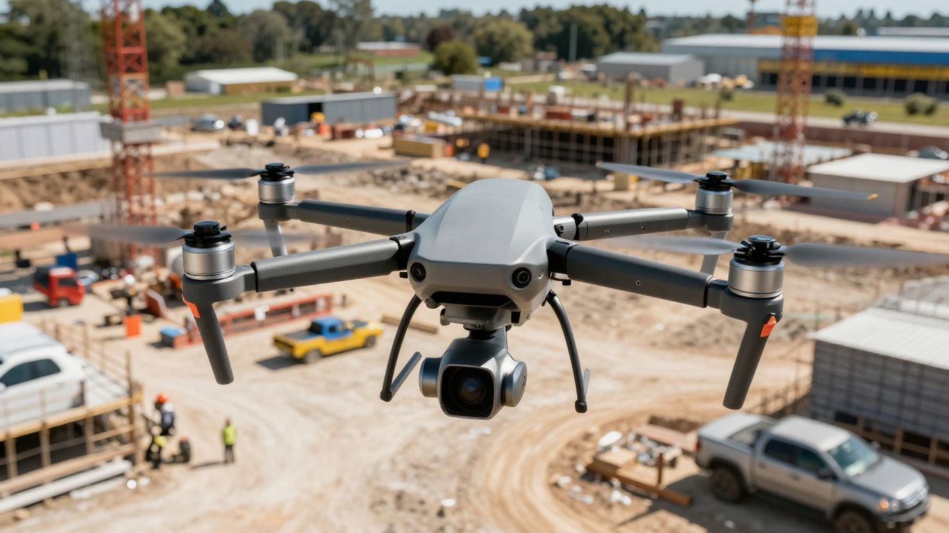 Drone surveying a large construction site from above.
