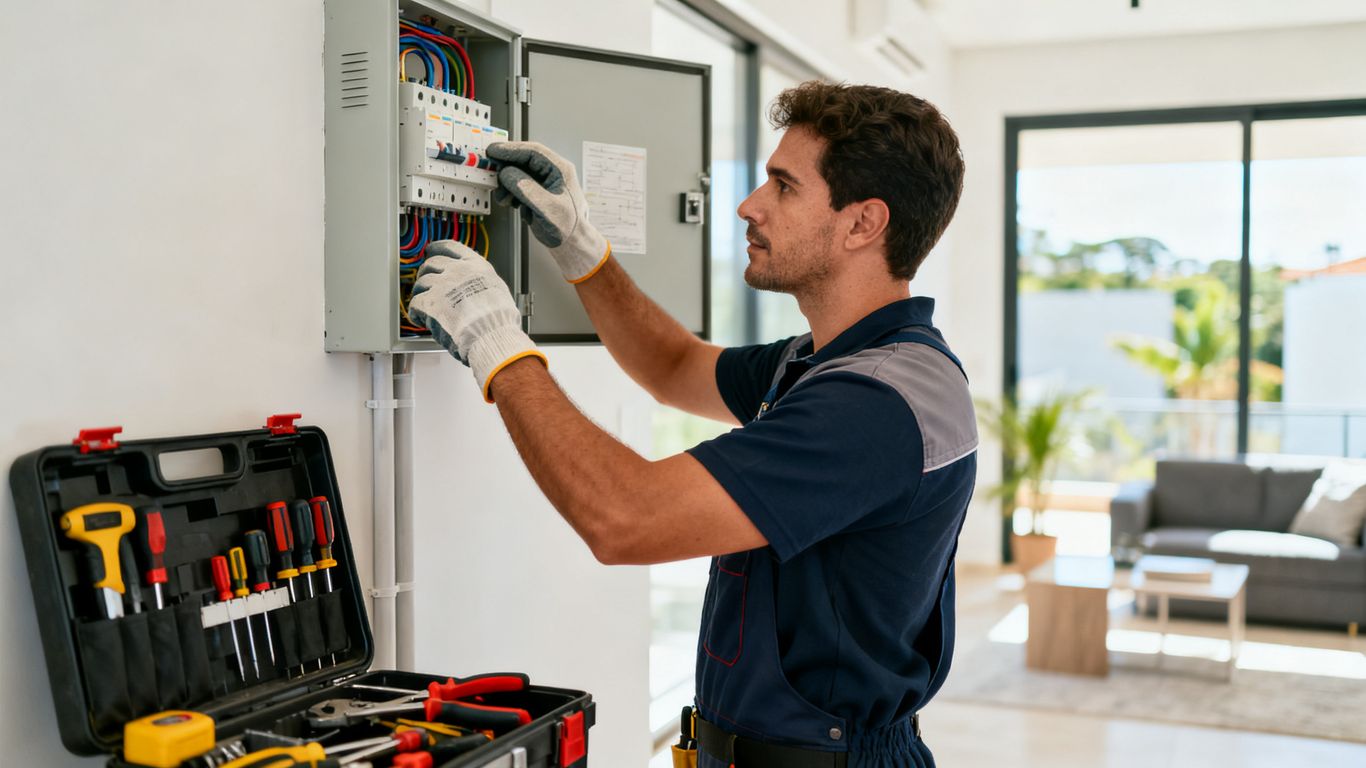 Eletricista avaliando quadro elétrico residencial