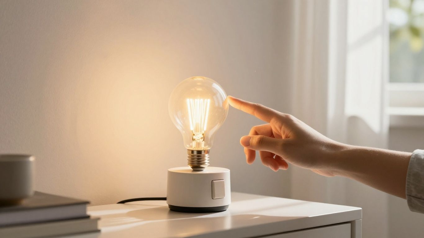 Brightly lit room with glowing LED bulb and sunlight.