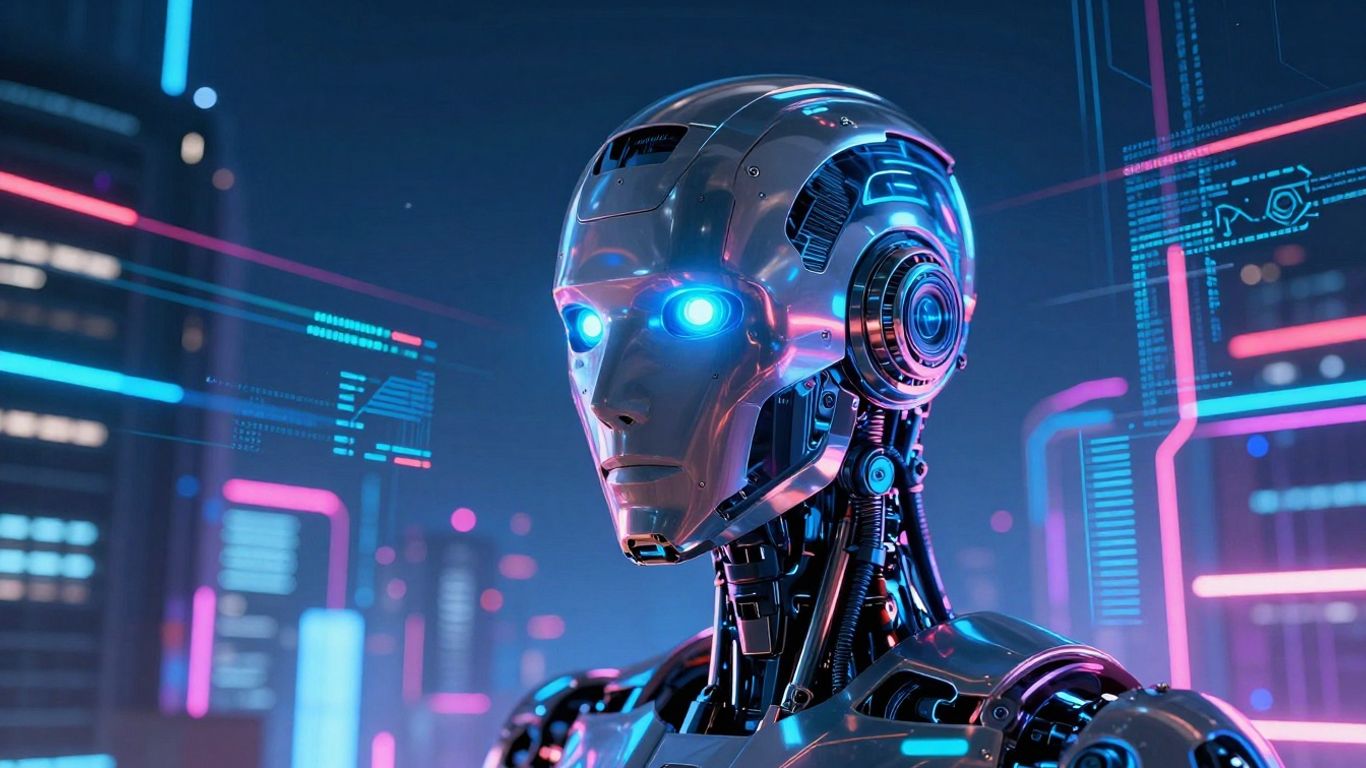 Robot head with glowing eyes against a neon cityscape.