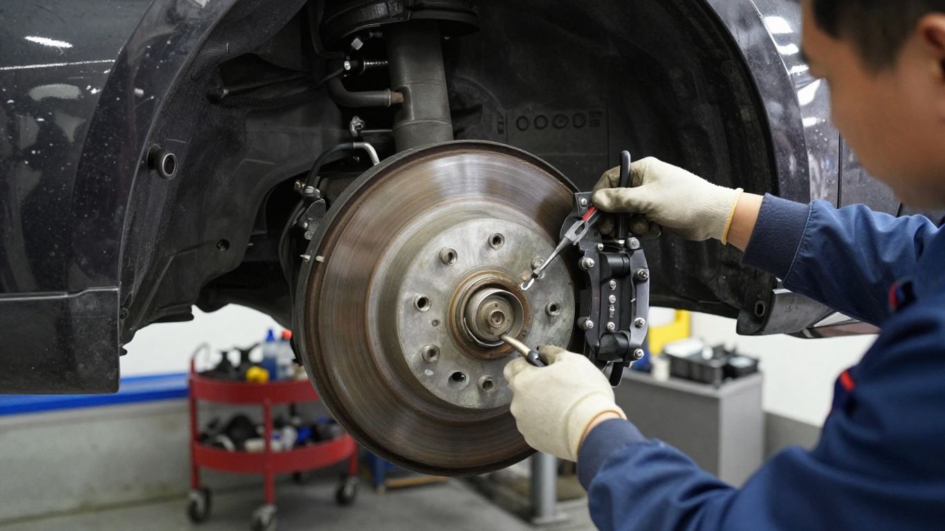 Mechanic servicing brake hydraulics in workshop