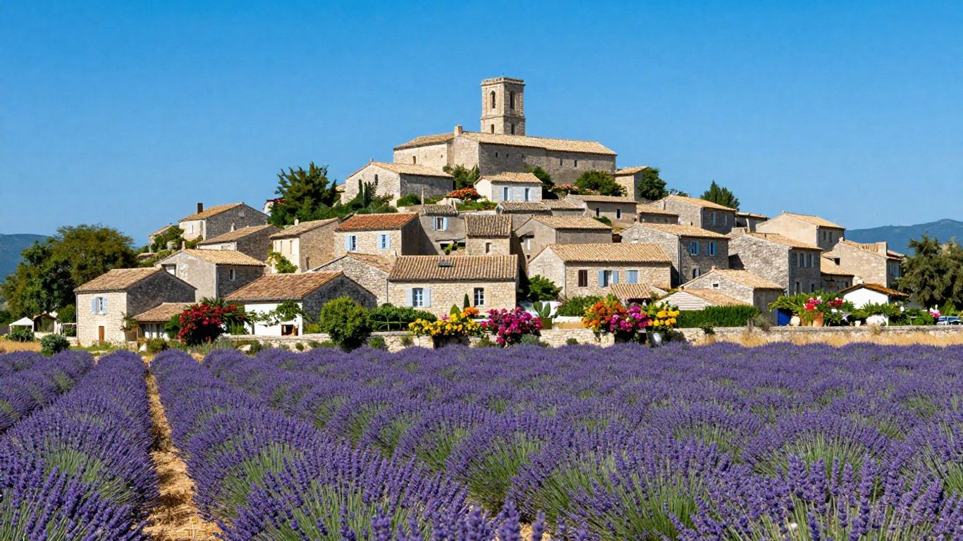 Picturesque hilltop village in Provence, France, with lavender fields.