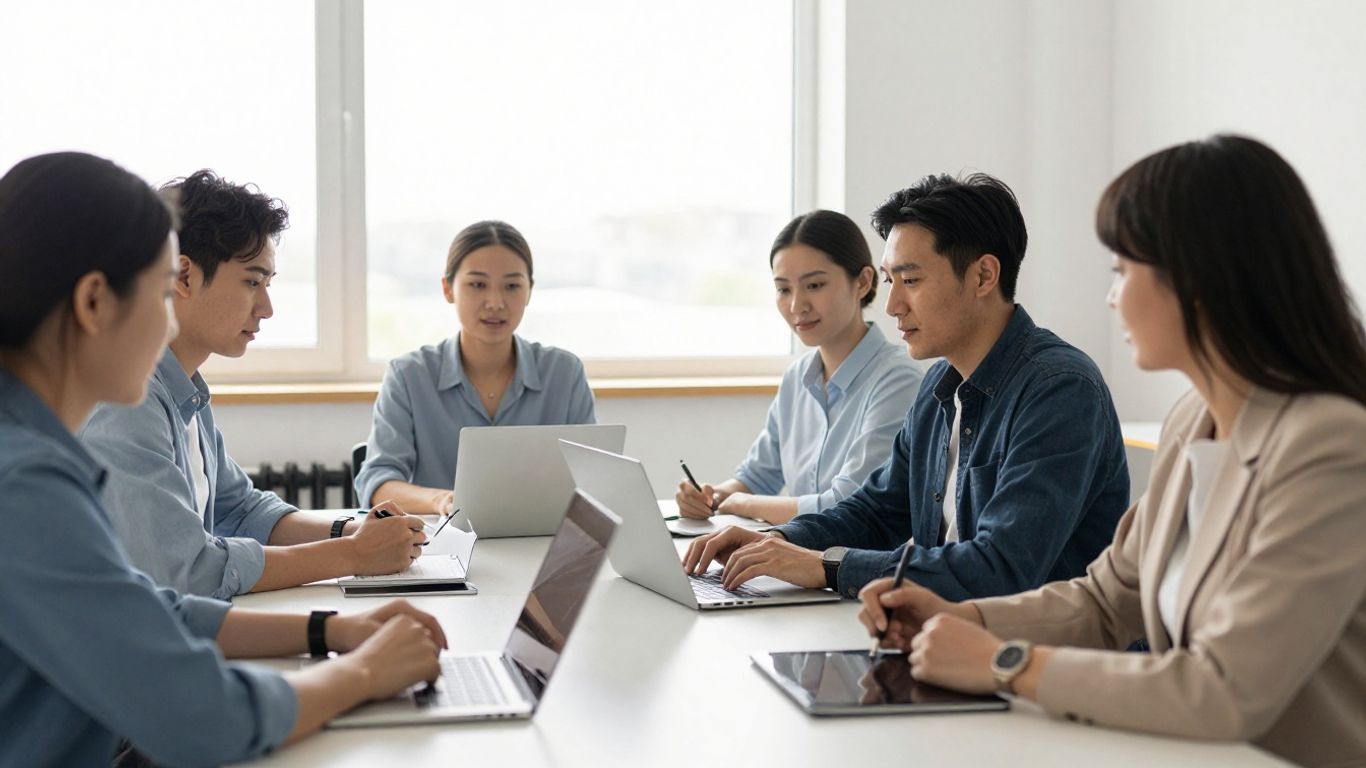 Personnes discutant autour d'une table dans un bureau moderne.