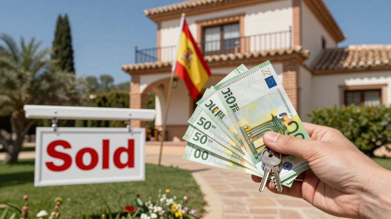 Spanish property purchase with euros and keys.
