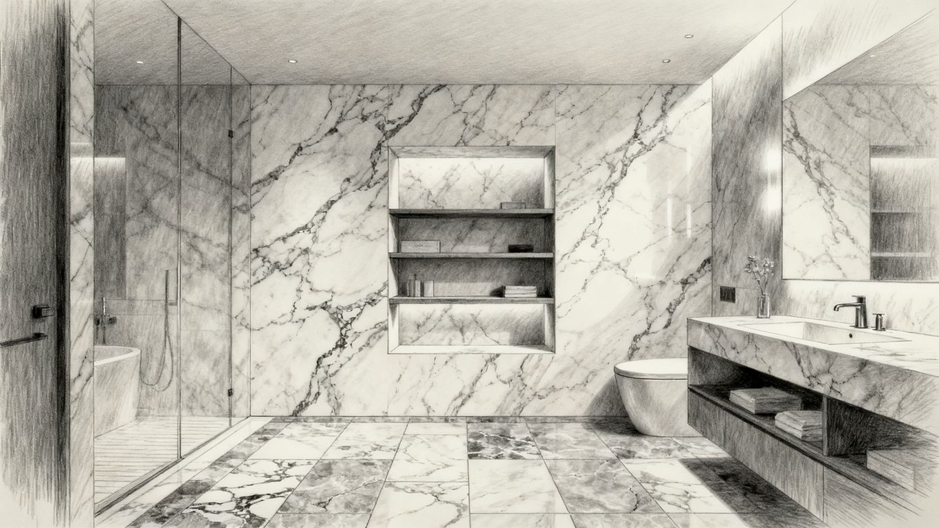 Baño principal con acentos de mármol y ducha