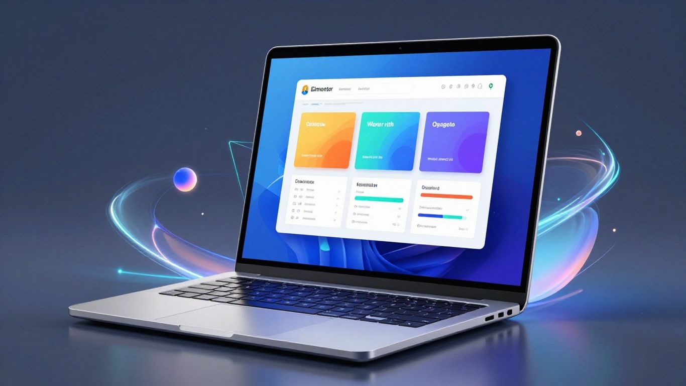 Elementor interface on a laptop with glowing abstract elements.