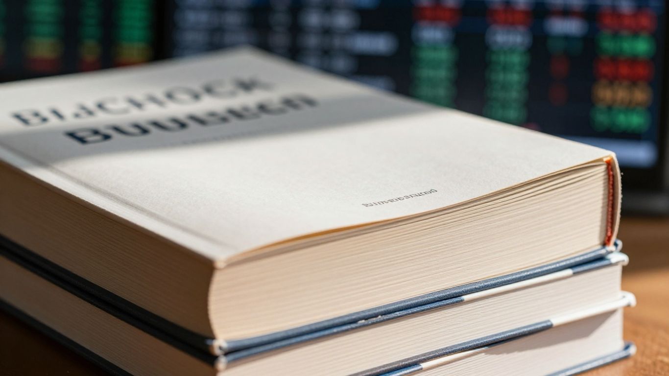 Stack of financial books with stock exchange background.