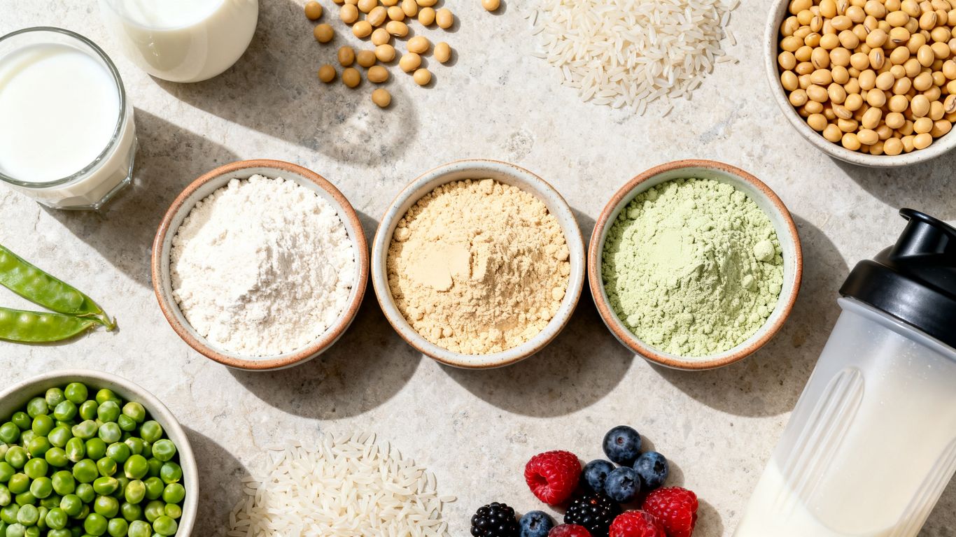 Protein powder scoops with dairy and plant ingredients