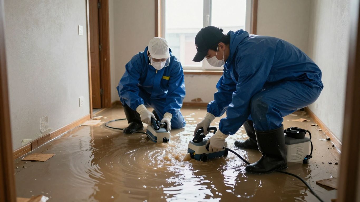Water damage restoration in progress inside a home.