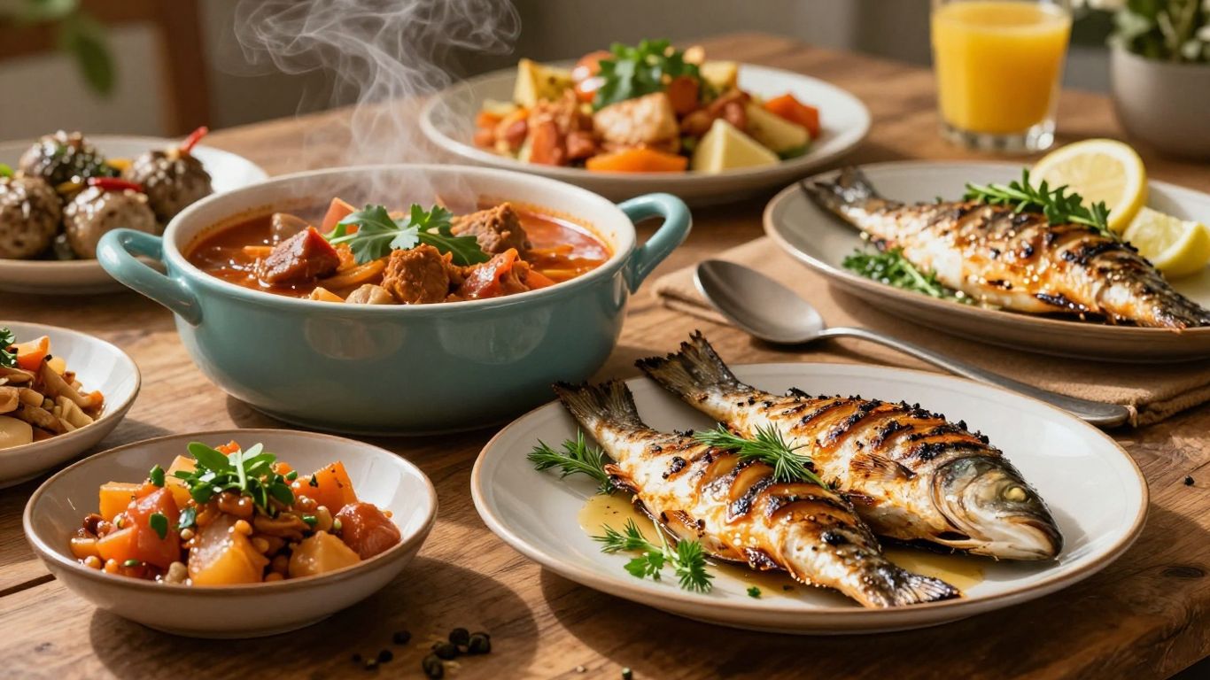 Masa plină cu mâncare tradițională românească, aranjată artistic.