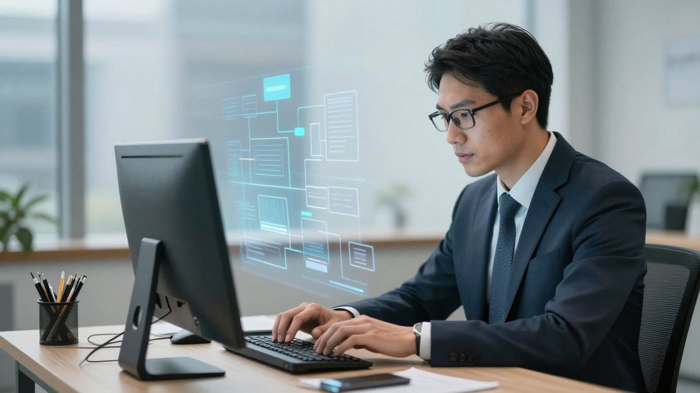 Profesional trabajando en computadora, mejora de productividad.