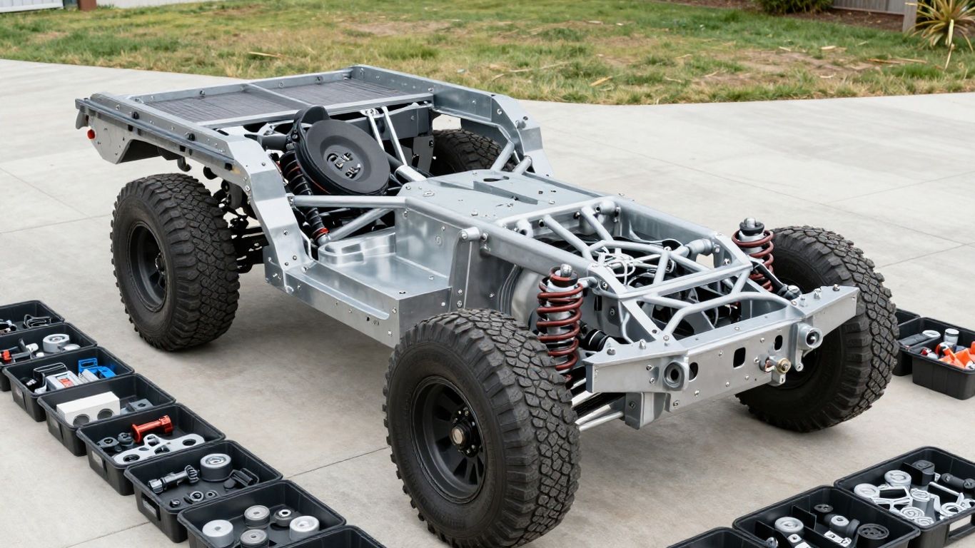 A clean 4x4 utility vehicle frame undergoing dismantling