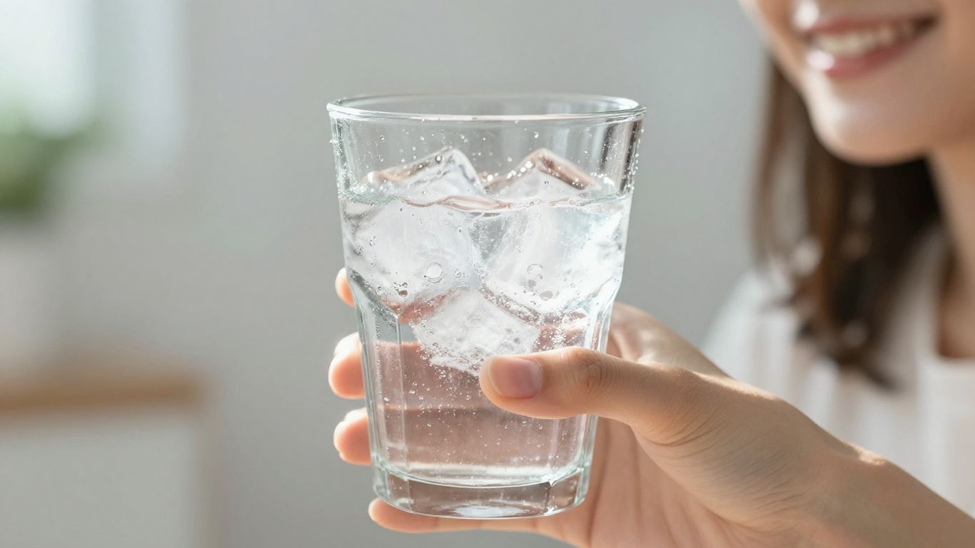 Person drinking cold water, looking happy and clear-headed.